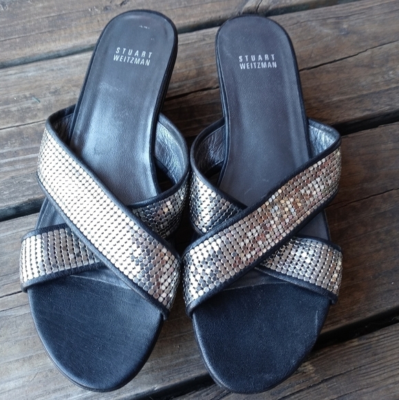 Stuart Weitzman women's black leather metallic crisscross wedge platform sandal. - Picture 1 of 7